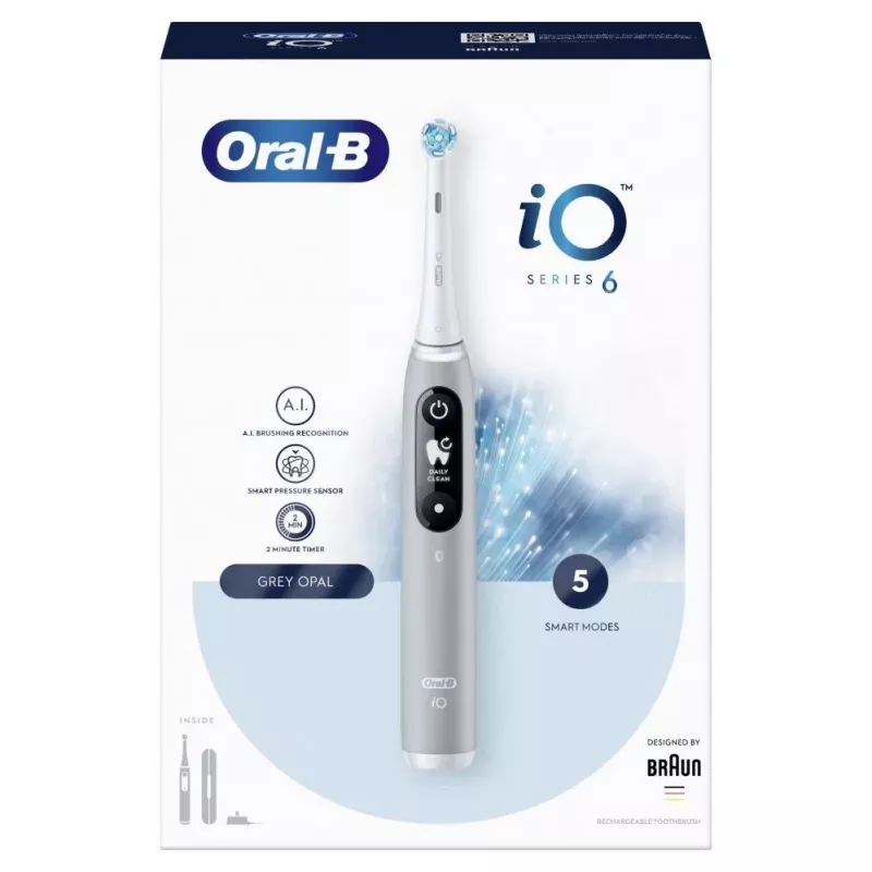 Oral-B iO Series 6 uzlādējama elektriskā zobu birste, Grey Opal, 5 tīrīšanas režīmi, 1 birstes galviņa, Bluetooth