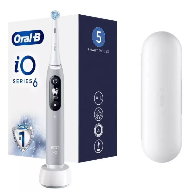 Oral-B iO Series 6 uzlādējama elektriskā zobu birste, Grey Opal, 5 tīrīšanas režīmi, 1 birstes galviņa, Bluetooth