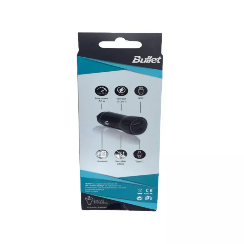 BULLET USB Auto Lādētājs Q3.0 + Type C 2.4A Melns