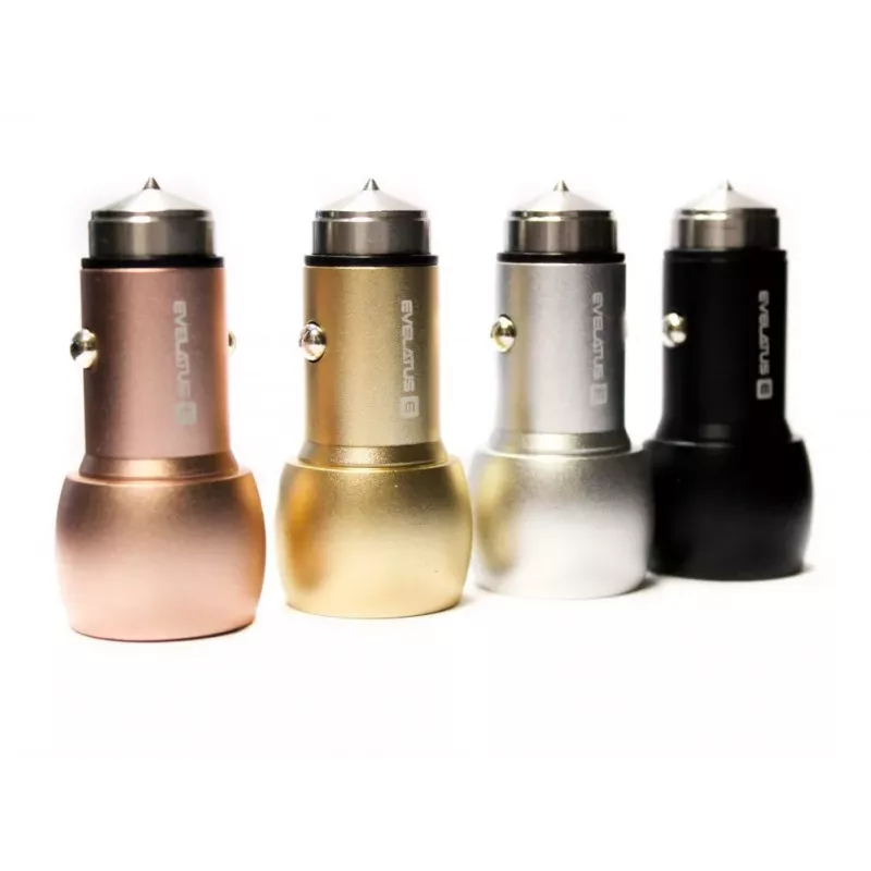 Evelatus ECC01 GOLD Auto lādētājs 2 USB porti 3.1A ar nerūsējošā tērauda glābšanas instrumentu Zelts
