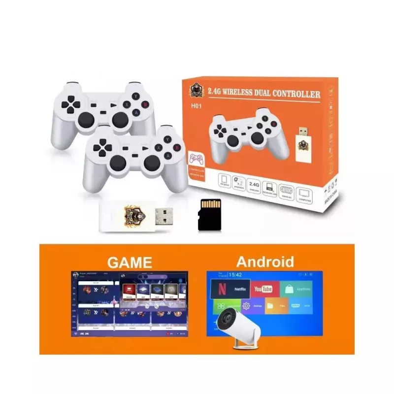 GameBox HY00 64bit Retro 20K Game 4K HDMI Stick Console / Android Box ar 2x bezvadu kontrolleriem Balts