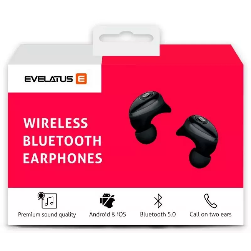 EVELATUS EBE01BK True Wireless Stereo In-Ear Bluetooth 5.0 Austiņas ar Uzlādes Futrāli, IPX4, Melna