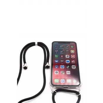 Evelatus Apple iPhone 11 Pro Max Maciņš ar Virvi Melns Caurspīdīgs