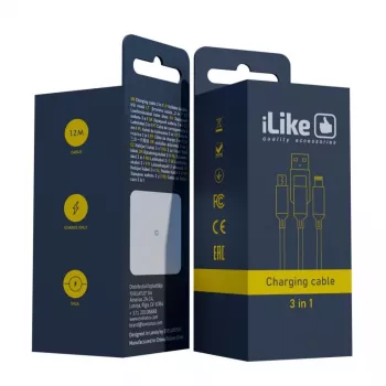 iLike uzlādes kabelis 3-in-1, USB-A uz USB-C/Lightning/Micro USB, neilona pīts, 1,2 m, melns