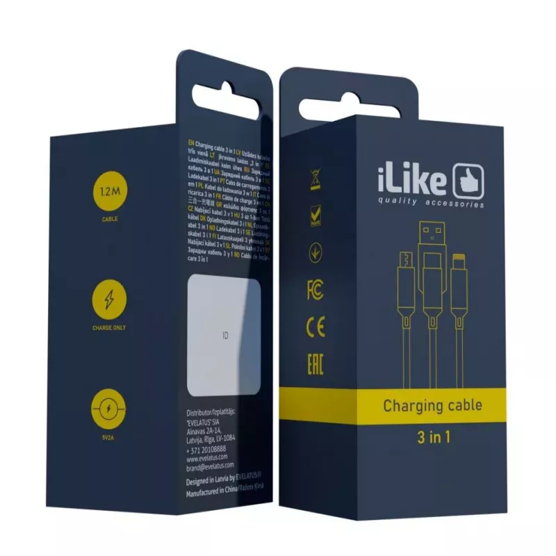 iLike uzlādes kabelis 3-in-1, USB-A uz USB-C/Lightning/Micro USB, neilona pīts, 1,2 m, melns