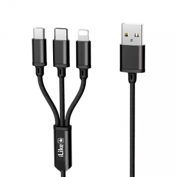 iLike uzlādes kabelis 3-in-1, USB-A uz USB-C/Lightning/Micro USB, neilona pīts, 1,2 m, melns