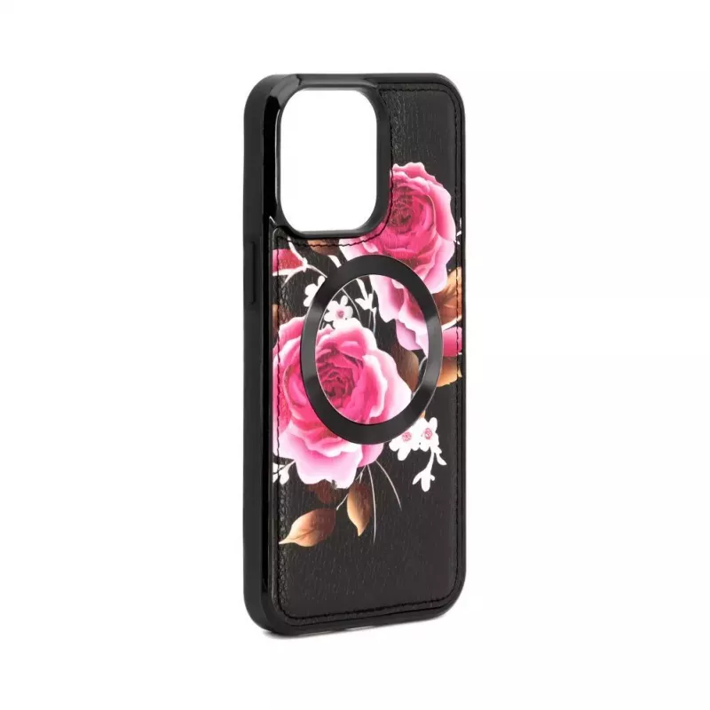 Evelatus Apple iPhone 14 Pro Max ādas maciņš ar rāvējslēdzēju, ziedu dizains, melns