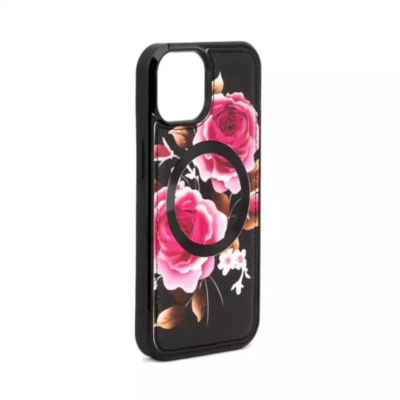 Evelatus Apple iPhone 15 Ādas Maciņš Ar Rāvējslēdzēju Ziedu Dizains Melns