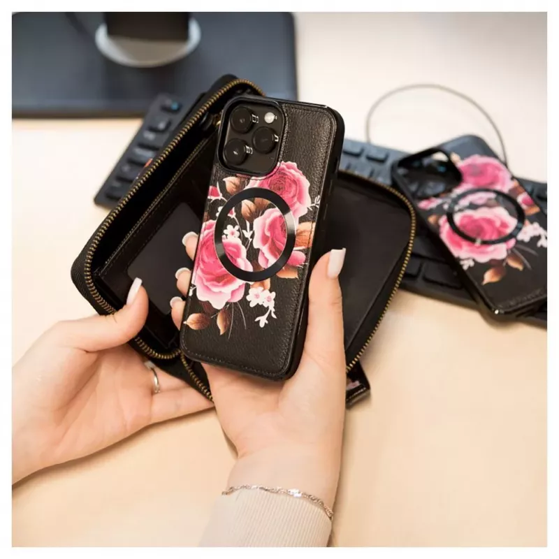 Evelatus Apple iPhone 15 Pro Leather Case Zipper Design Flower Black
