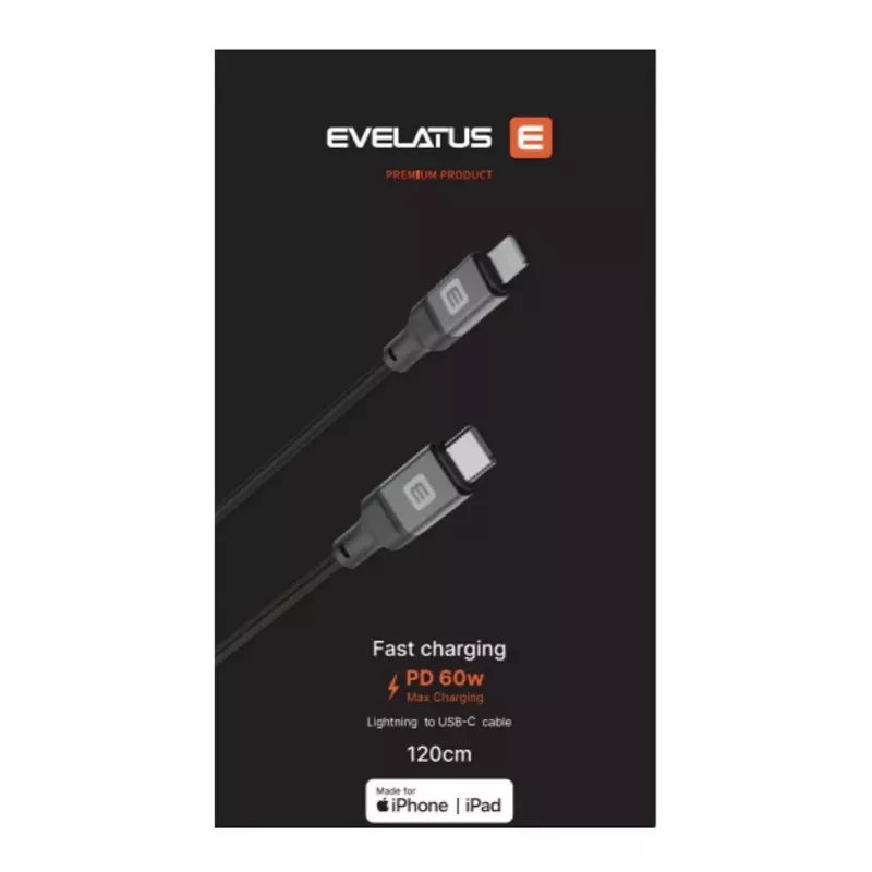 Evelatus USB-C to Lightning kabelis 1.2m 60W MFi sertificēts pīts neilons alumīnija korpuss melns