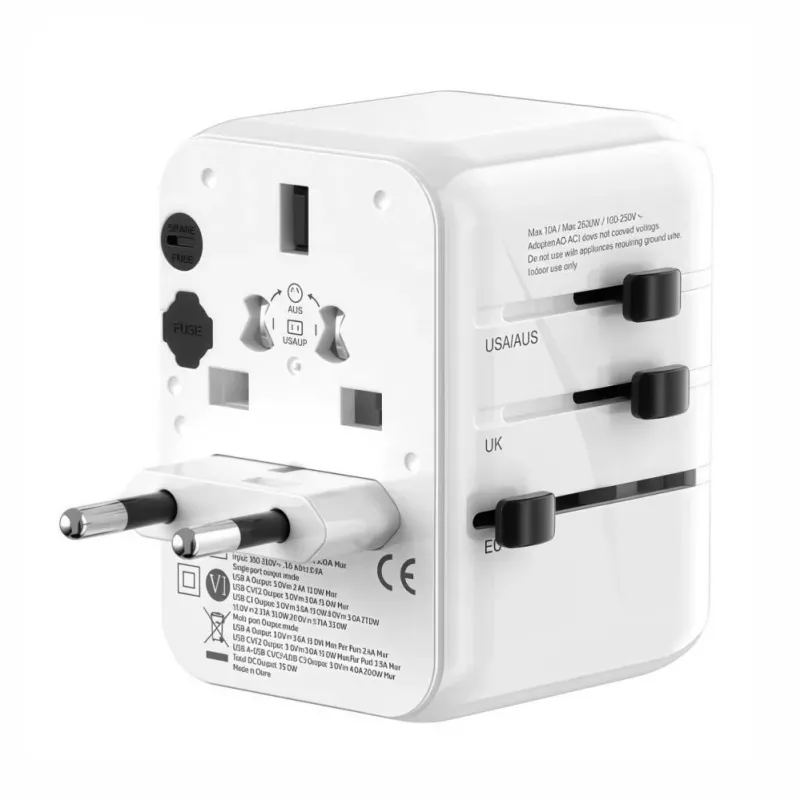 EVELATUS 35W World Travel Adapter ar 1 PD USB-C, 2 USB-C, 2 USB-A, Balts