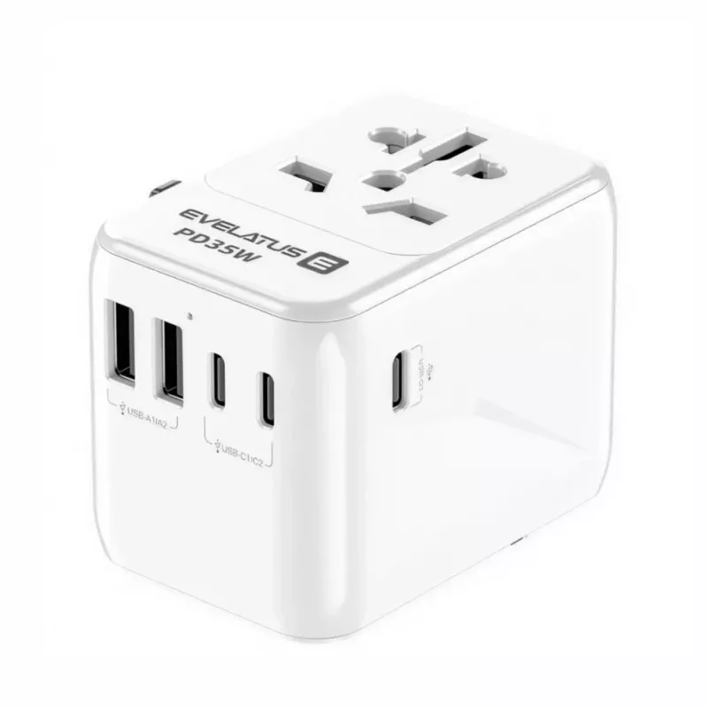EVELATUS 35W World Travel Adapter ar 1 PD USB-C, 2 USB-C, 2 USB-A, Balts