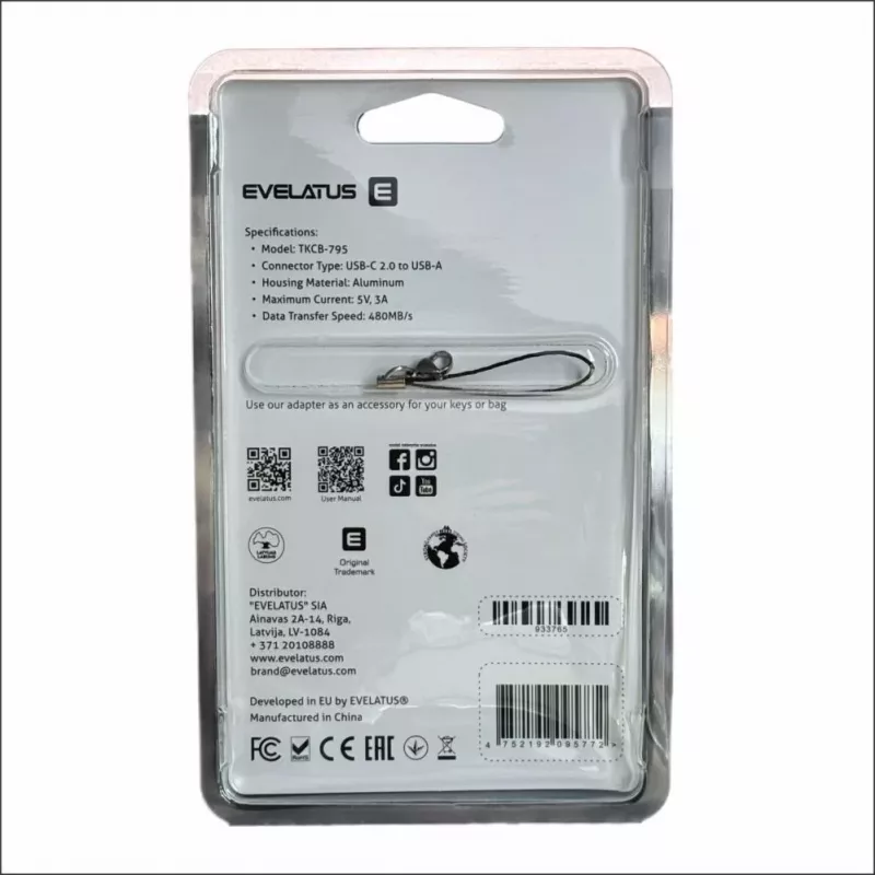 Evelatus UltraLink OTG Adapter USB-C uz USB 3.0 5V 3A 5 Gbps Melns