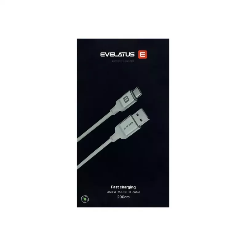 Evelatus USB-A uz USB-C kabelis 2M alumīnija korpuss pīts balts