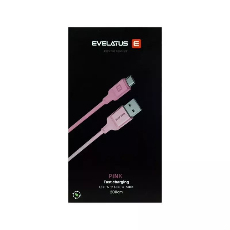 Evelatus USB-A uz USB-C kabelis 2M pīts neilons alumīnija korpuss rozā