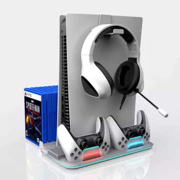 iLike DZ504 Slim Multi Dock Station PlayStation 5 PS5 kontrolieriem ar dzesēšanas ventilatoriem un RGB melna