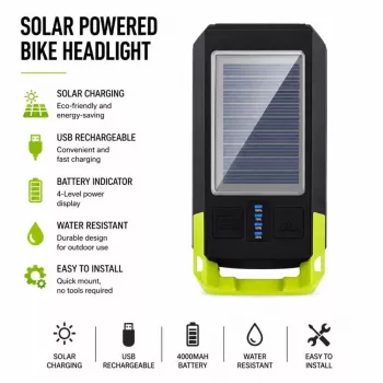 iLike Saules enerģijas velosipēda priekšējais lukturis ar 120dB skaņas signālu, USB uzlādējams, 1000LM LED velosipēda priekšējā gaisma, 4000mAh akumulators, avārijas brīdinājuma gaisma