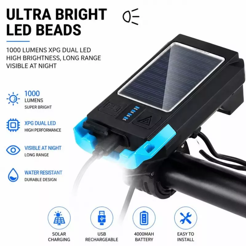 iLike Saules enerģijas velosipēda priekšējais lukturis ar 120dB skaņas signālu, USB uzlādējams, 1000LM LED velosipēda priekšējā gaisma, 4000mAh akumulators, avārijas brīdinājuma gaisma