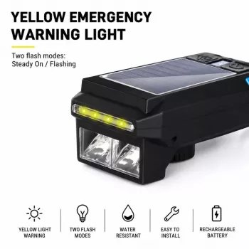 iLike Saules enerģijas velosipēda priekšējais lukturis ar 120dB skaņas signālu, USB uzlādējams, 1000LM LED velosipēda priekšējā gaisma, 4000mAh akumulators, avārijas brīdinājuma gaisma