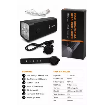 iLike Uzlādējams Velosipēda Priekšējais Lukturis ar 120dB Elektrisko Skaņas Signālu, 300 Lūmenu LED Velosipēda Gaisma, USB Uzlādējams, Stūres Tālvadības Slēdzis