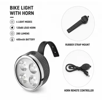 iLike Uzlādējams Velosipēda Priekšējais Lukturis ar 120dB Skaņas Signālu, 280 Lumeni, 4 Gaismas Režīmi, USB Uzlādējams, Bezvadu Tālvadība