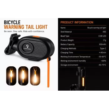 iLike JOWORSE uzlādējams COB LED velosipēda aizmugurējais lukturis, USB-C velosipēda aizmugurējās drošības gaisma, 300mAh ūdensizturīga riteņbraukšanas brīdinājuma gaisma