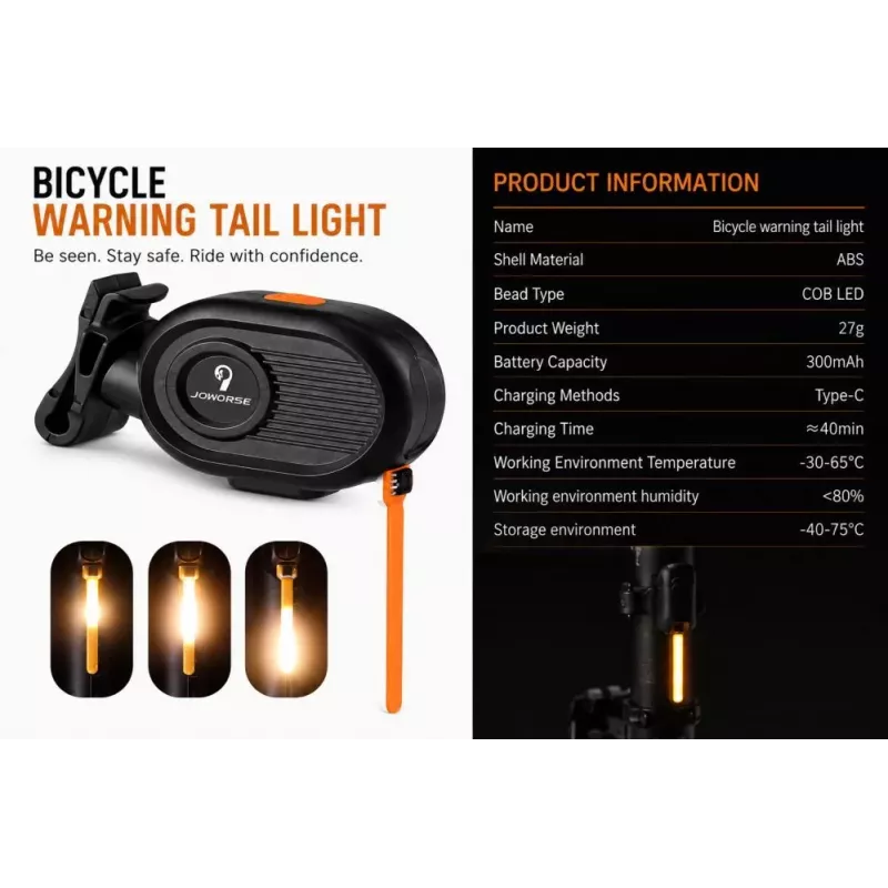 iLike JOWORSE uzlādējams COB LED velosipēda aizmugurējais lukturis, USB-C velosipēda aizmugurējās drošības gaisma, 300mAh ūdensizturīga riteņbraukšanas brīdinājuma gaisma