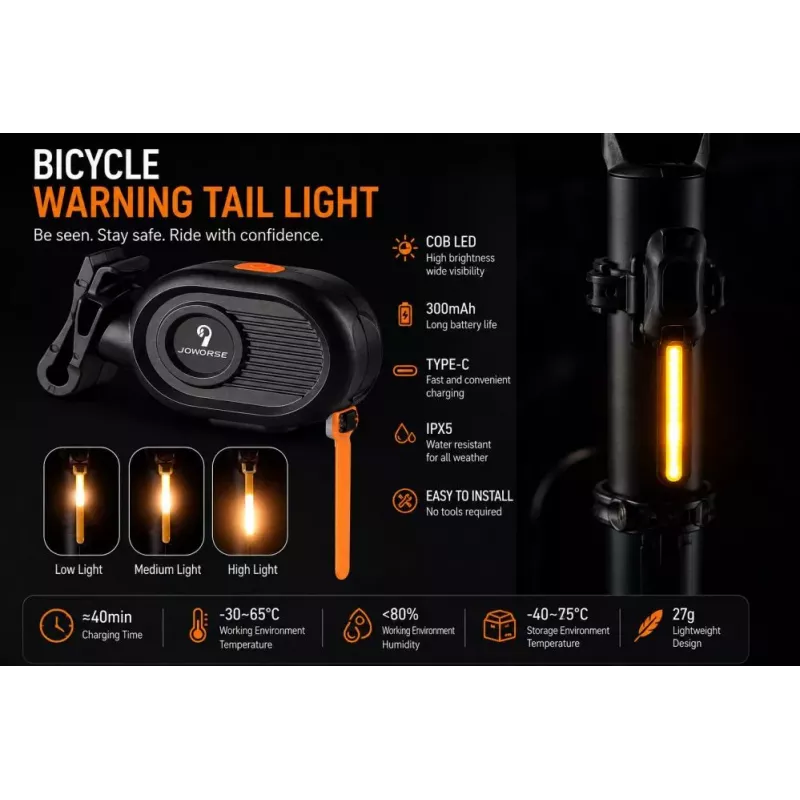 iLike JOWORSE uzlādējams COB LED velosipēda aizmugurējais lukturis, USB-C velosipēda aizmugurējās drošības gaisma, 300mAh ūdensizturīga riteņbraukšanas brīdinājuma gaisma