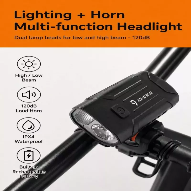 iLike JOHORSE Uzlādējams Velosipēda Lukturis ar 120dB Skaņas Signālu, USB Uzlādējams LED Priekšējais Lukturis, Tālā/Tuvā Gaisma, IPX4 Ūdensizturīgs, Melns