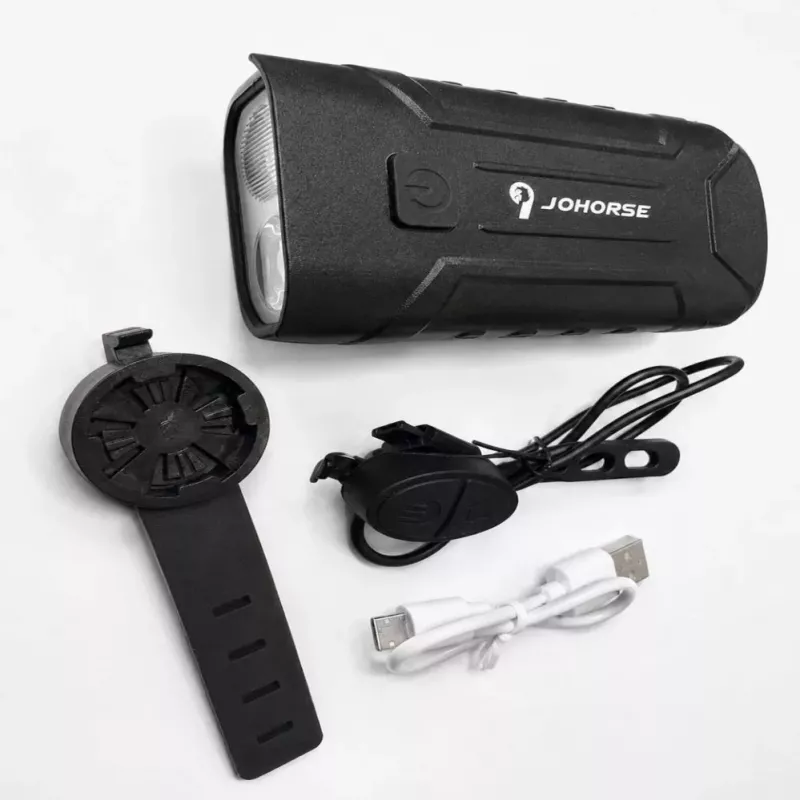 iLike JOHORSE Uzlādējams Velosipēda Lukturis ar 120dB Skaņas Signālu, USB Uzlādējams LED Priekšējais Lukturis, Tālā/Tuvā Gaisma, IPX4 Ūdensizturīgs, Melns