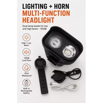 iLike JOHORSE Uzlādējams Velosipēda Lukturis ar 120dB Skaņas Signālu, USB Uzlādējams LED Priekšējais Lukturis, Tālā/Tuvā Gaisma, IPX4 Ūdensizturīgs, Melns