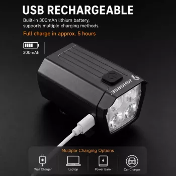iLike JOHORSE USB uzlādējams velosipēda priekšējais lukturis ar 120dB elektrisko skaņas signālu, 300LM 4 LED velosipēda priekšējā gaisma, 7 apgaismojuma režīmi, stūres tālvadības slēdzis, IPX4 ūdensizturīgs melns