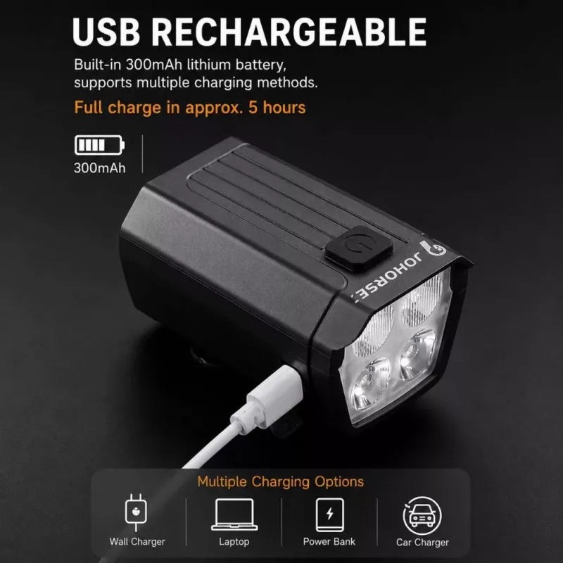 iLike JOHORSE USB uzlādējams velosipēda priekšējais lukturis ar 120dB elektrisko skaņas signālu, 300LM 4 LED velosipēda priekšējā gaisma, 7 apgaismojuma režīmi, stūres tālvadības slēdzis, IPX4 ūdensizturīgs melns