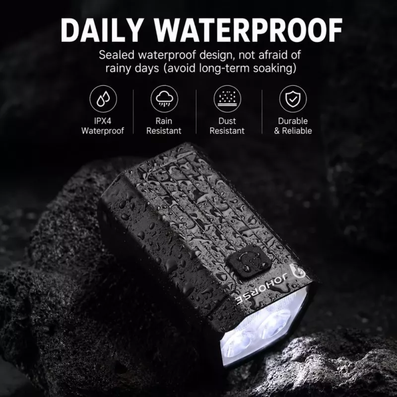 iLike JOHORSE USB uzlādējams velosipēda priekšējais lukturis ar 120dB elektrisko skaņas signālu, 300LM 4 LED velosipēda priekšējā gaisma, 7 apgaismojuma režīmi, stūres tālvadības slēdzis, IPX4 ūdensizturīgs melns