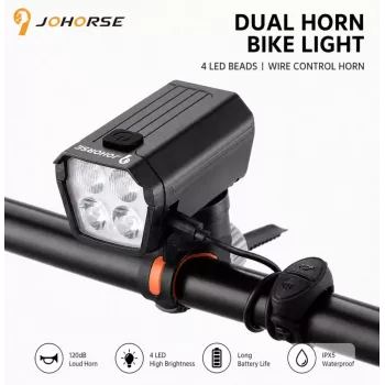 iLike JOHORSE USB uzlādējams velosipēda priekšējais lukturis ar 120dB elektrisko skaņas signālu, 300LM 4 LED velosipēda priekšējā gaisma, 7 apgaismojuma režīmi, stūres tālvadības slēdzis, IPX4 ūdensizturīgs melns