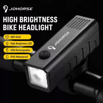 iLike JOHORSE USB uzlādējams velosipēda priekšējais lukturis, augsta spilgtuma LED velosipēda priekšējā gaisma, IPX4 ūdensizturīgs, ABS korpuss, viegla stūres stiprinājums