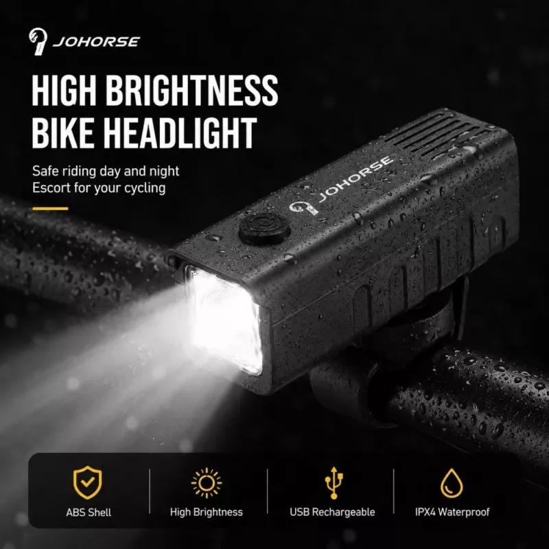 iLike JOHORSE USB uzlādējams velosipēda priekšējais lukturis, augsta spilgtuma LED velosipēda priekšējā gaisma, IPX4 ūdensizturīgs, ABS korpuss, viegla stūres stiprinājums