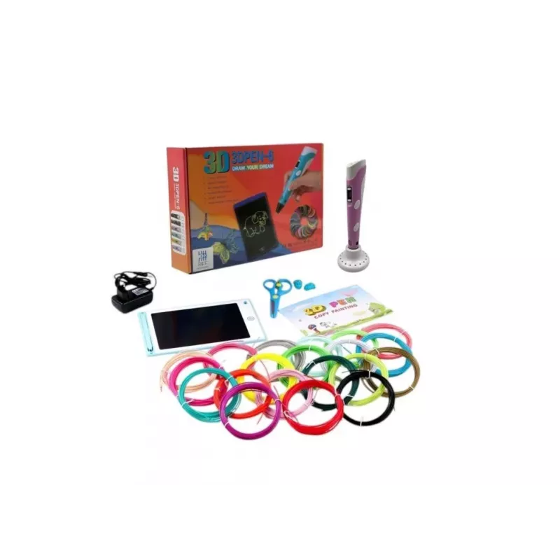 iLike Melt 3D pildspalvas komplekts kastē, pilns komplekts 3D drukāšanas pildspalvai, 3D PEN-7-1 komplekts ar trafaretiem 5m x 20 krāsas rozā