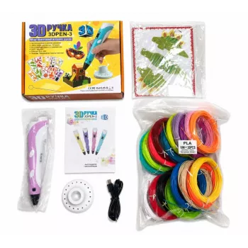 iLike 3D Pen-3 ar LCD displeju un 10 veidnēm Zils + PLA pavedienu komplekts: 20 krāsas pa 10 metriem (200 metri kopā) Rozā