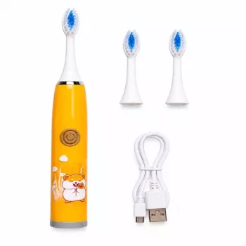 iLike Bērnu uzlādējamā soniskā elektriskā zobu birste, USB uzlāde, 3 birstes galviņas (1+2 rezerves), mīksti sariņi, ūdensizturīga, jauks kāmīša dizains oranžā krāsā