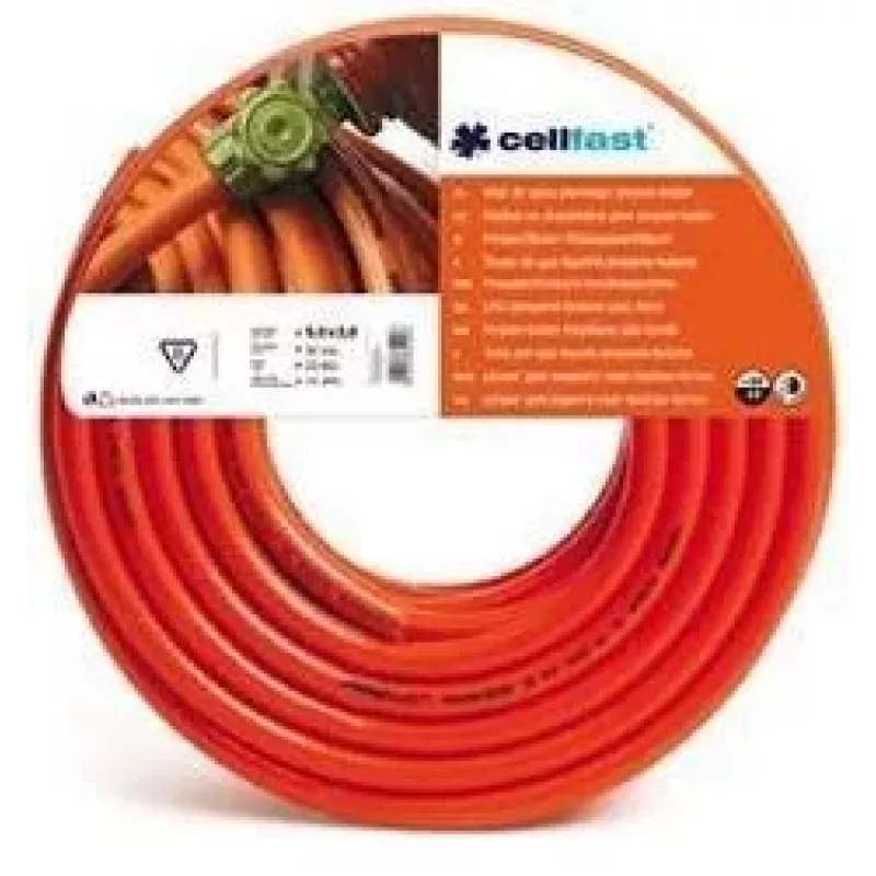 CELLFAST LPG gāzes šļūtene 9mm x 60m uz statīva - Propāns-butāns, oranža, PVC ar tekstila stiegrojumu, 20 bar