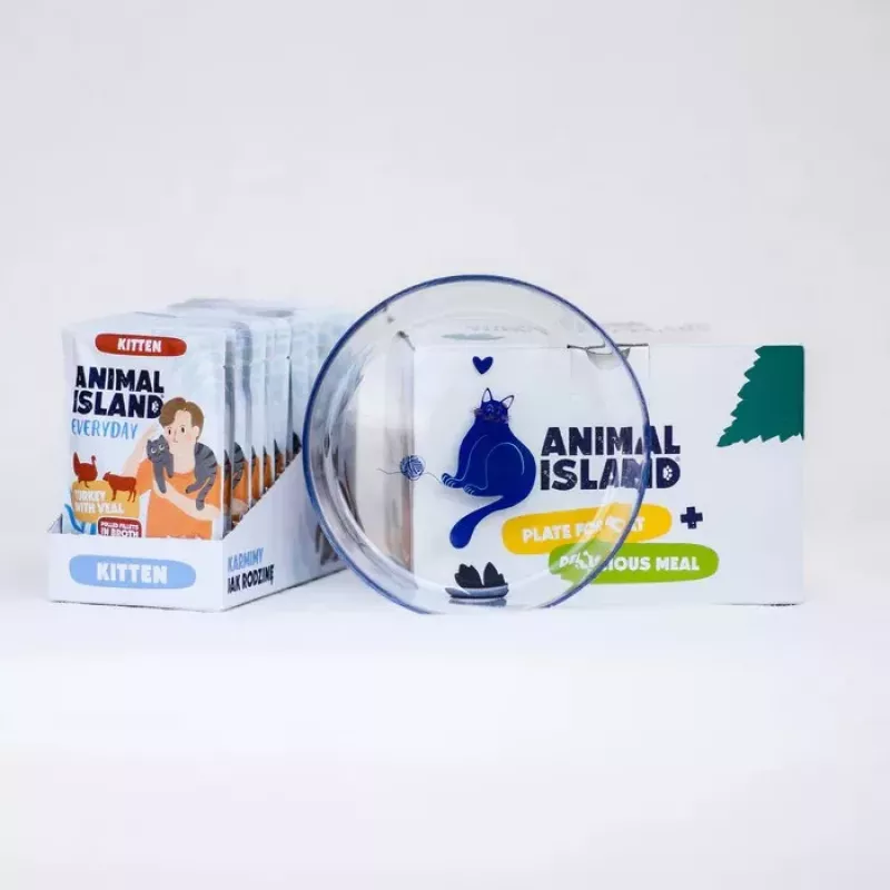 ANIMAL ISLAND Kitten tīrais mitrā barība kaķēniem ar tītaru un teļa gaļu 12x85g + šķīvis