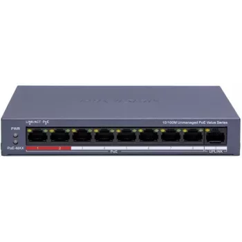 Hikvision DS-3E0109P-E/M(C) 9-Port Fast Ethernet PoE Switch, 8 PoE Porti, 65W Budžets, Nepārvaldīts
