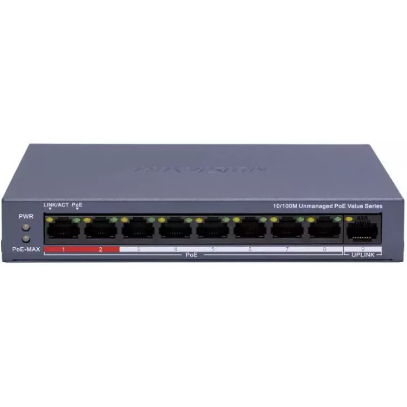 Hikvision DS-3E0109P-E/M(C) 9-Port Fast Ethernet PoE Switch, 8 PoE Porti, 65W Budžets, Nepārvaldīts