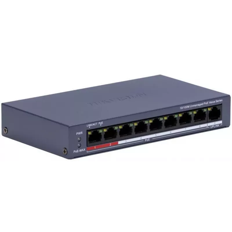 Hikvision DS-3E0109P-E/M(C) 9-Port Fast Ethernet PoE Switch, 8 PoE Porti, 65W Budžets, Nepārvaldīts
