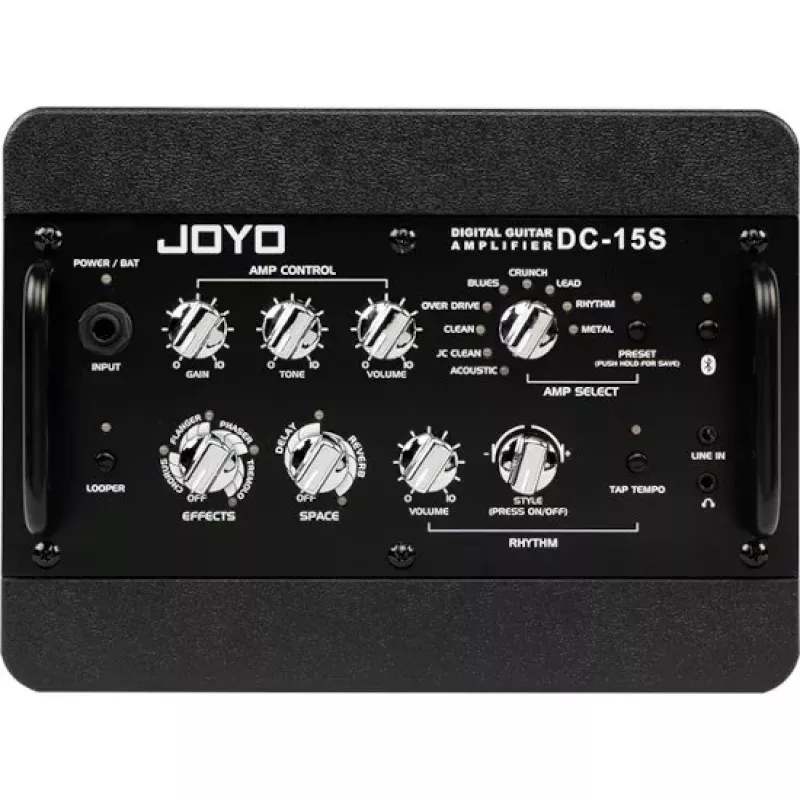 JYO JOYO DC-15S 15W Ģitāras pastiprinātājs ar Bluetooth, uzlādējamu akumulatoru, 9 pastiprinātāju modeļiem, 6 efektiem, bungu mašīnu, looperi, skaņotāju