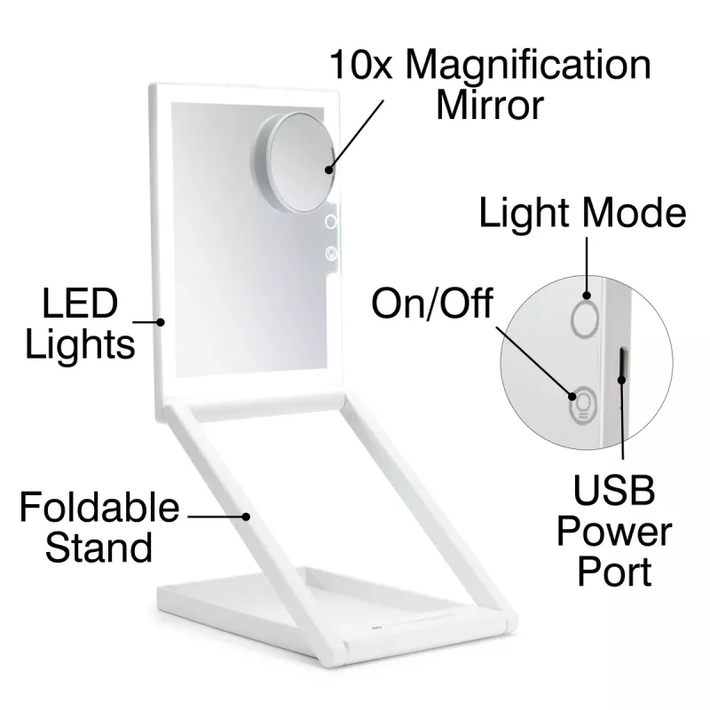 RIO MMAW-EU/1,0 Home and Away Dressing Table Make Up Mirror - Divpusējs LED apgaismojums, 1x/5x palielinājums, salokāms, balts