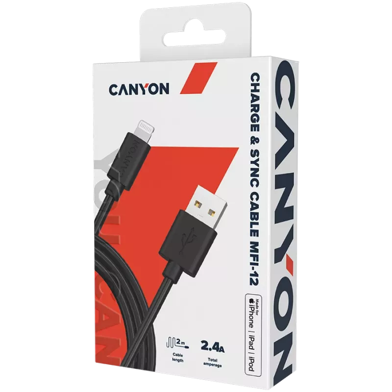 CANYON MFI-12 USB-A uz Lightning kabelis 2m Melns