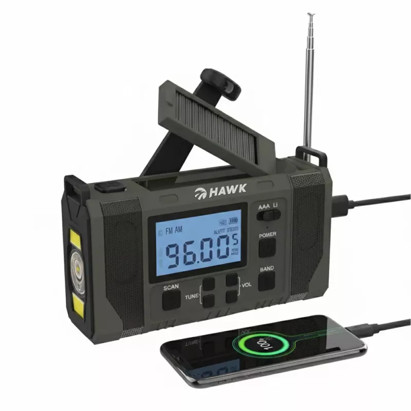Hawk HWRDI420GN Avārijas laikapstākļu radio ar saules bateriju, dinamo, lukturīti, AM/FM/ĪV, zaļš