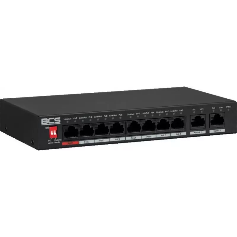 BCS LINE BCS-L-SP0802G(2) 8 portu PoE+ slēdzis ar 2 Gigabit augšupielādes portiem, 120W
